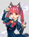  1girl :d animal_ears bell blush bow braid breasts cat_ears cheong_ha dress extra_ears fang green_dress hair_bow hitodama jingle_bell kaenbyou_rin long_hair long_sleeves looking_at_viewer open_mouth paw_pose red_eyes redhead simple_background smile solo touhou twin_braids 