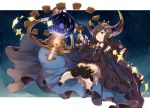  1girl arulumaya blush boots brown_eyes brown_hair crescent detached_sleeves dress granblue_fantasy hat highres long_hair mole mole_under_eye pointy_ears sky solo star star_(sky) starry_sky thigh-highs thigh_boots touzai_(poppin_phl95) 