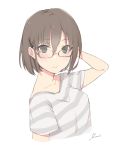  1girl :&gt; collarbone glasses green_eyes hair_ornament hairpin hand_to_head highres looking_at_viewer short_hair simple_background solo uni_(melm) white_background 