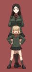  2girls :d ^_^ arms_behind_back bags_under_eyes black_hair black_skirt blonde_hair blue_eyes breasts closed_eyes didloaded fang frown girls_und_panzer hair_between_eyes hands_on_hips highres jacket katyusha kneehighs long_hair military military_uniform multiple_girls nonna open_mouth pleated_skirt red_background shoes short_hair skirt smile socks standing uniform 