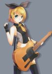  1girl black_gloves black_legwear black_ribbon blonde_hair fingerless_gloves gloves green_eyes hair_ornament hair_ribbon kagamine_rin lancefate navel ribbon short_hair simple_background solo thigh-highs vocaloid 