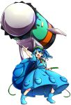  &gt;:o 1girl :o baba_(baba_seimaijo) backpack bag blue_eyes blue_hair boots cabbie_hat cucumber d:&lt; hair_bobbles hair_ornament hat highres huge_weapon kappa kawashiro_nitori key missile open_mouth pocket pointing pose pouches rubber_boots shouting skirt skirt_set solo touhou two_side_up vest weapon 