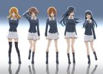  5girls :o ahoge akiyama_yukari arms_behind_back black_hair black_legwear boots brown_eyes brown_hair clenched_hand covering_mouth eyebrows eyebrows_visible_through_hair girls_und_panzer hairband hand_in_hair isuzu_hana jacket long_hair looking_at_another looking_at_viewer messy_hair military military_uniform mofu multiple_girls nishizumi_miho open_mouth pleated_skirt reflection reizei_mako short_hair skirt smile socks standing standing_on_one_leg takebe_saori thigh-highs uniform white_skirt yawning 