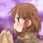  1girl blush breath brown_eyes brown_hair close-up commentary_request fang from_side hair_ornament hairclip highres ikazuchi_(kantai_collection) kantai_collection mittens open_mouth oshiruko_(uminekotei) outdoors plaid plaid_scarf profile scarf snowing solo waiting 