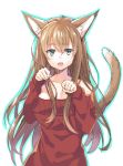  1girl absurdres animal_ears bare_shoulders blush breasts brown_hair cat_ears cat_tail eyebrows eyebrows_visible_through_hair fang final_fantasy final_fantasy_xiv highres kurasawa_moko long_hair long_sleeves looking_at_viewer miqo&#039;te off_shoulder open_mouth paw_pose sketch solo sweater tail upper_body white_background 