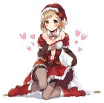  1girl bare_shoulders black_gloves blonde_hair blush boots breasts cleavage djeeta_(granblue_fantasy) elbow_gloves fujino_(unajisaiko) gloves granblue_fantasy grey_legwear hat heart high_heels kneeling looking_at_viewer navel santa_hat smile solo thigh-highs 