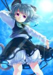  1girl :3 animal_ears bloomers blue_sky clouds dowsing_rod gem grey_hair iris_anemone jewelry long_sleeves looking_up mouse_ears mouse_tail nazrin necklace outstretched_arm pendant pink_eyes red_eyes shirt short_hair skirt skirt_set sky smile solo sun sunlight tail touhou underwear upskirt vest 