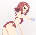  1girl ass bikini blush breasts cup from_behind girls_und_panzer holding looking_at_viewer looking_back nanashino open_mouth red_bikini red_eyes redhead rosehip short_hair side-tie_bikini smile solo swimsuit teacup 