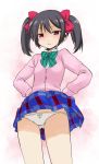  1girl :&lt; black_hair from_below hair_ribbon hands_on_hips highres looking_at_viewer love_live!_school_idol_project muramasa_mikado panties plaid plaid_skirt pleated_skirt red_eyes ribbon school_uniform skirt solo twintails underwear upskirt white_panties yazawa_nico 