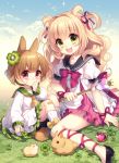  2girls animal_ears ankle_lace-up baton blonde_hair blue_sky brown_hair clouds clover cross-laced_footwear flower four-leaf_clover green_eyes hair_flower hair_ornament hair_ribbon hamster hamster_ears hamster_tail hand_to_own_mouth jewelry long_hair long_sleeves looking_at_viewer magical_girl masaru.jp multiple_girls neckerchief necklace open_mouth original pendant puffy_short_sleeves puffy_sleeves rabbit rabbit_ears ribbon school_uniform serafuku short_hair short_sleeves sitting sky smile sparkle two_side_up very_long_hair violet_eyes wrist_ribbon 