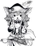  double_v furry hat koucha_inu looking_at_viewer monochrome open_mouth simple_background smile solo sword v weapon white_background 
