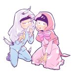  2boys 720_72 :3 crossdressinging dress eyelashes feathers formal hood kneeling little_red_riding_hood little_red_riding_hood_(cosplay) matsuno_osomatsu matsuno_todomatsu multiple_boys osomatsu-kun osomatsu-san simple_background suit tsuru_no_ongaeshi veil white_background yellow_necktie 