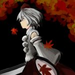 &gt;:( 1girl animal_ears autumn_leaves bare_shoulders black_background detached_sleeves from_side hat highres inubashiri_momiji japanese_clothes leaf long_sleeves looking_away maple_leaf nanachise7 pom_pom_(clothes) red_eyes ribbon-trimmed_sleeves ribbon_trim shield short_hair silver_hair simple_background skirt solo sword tokin_hat touhou upper_body weapon white_hair wide_sleeves 
