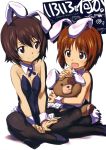  :d animal_ears bare_shoulders breast_squeeze breasts brown_eyes brown_hair bunny_girl bunny_tail bunnysuit detached_collar fake_animal_ears fishnet_pantyhose fishnets girls_und_panzer hairband highres indian_style kurashima_tomoyasu nishizumi_maho nishizumi_miho object_hug open_mouth pantyhose rabbit_ears scan short_hair siblings simple_background sisters sitting small_breasts smile stuffed_animal stuffed_toy tail teddy_bear wariza white_background wrist_cuffs younger 