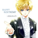  1girl 2016 bishoujo_senshi_sailor_moon blonde_hair blue_eyes dated formal happy_birthday looking_at_viewer outstretched_hand reverse_trap shirataki_kaiseki short_hair smile solo suit ten&#039;ou_haruka white_background 
