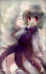  1girl blush bowtie colored covering_mouth dress feathers grey_hair highres jacket kishin_sagume long_sleeves looking_at_viewer maho_moco purple_dress red_eyes short_hair single_wing sketch solo touhou wings 