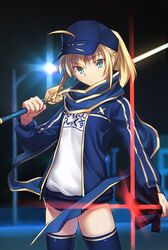  1girl ahoge aqua_eyes baseball_cap buruma dark_excalibur dual_wielding excalibur fate/grand_order fate_(series) gym_uniform hat heroine_x hujitaumi jacket ponytail rojiura_satsuki_:_chapter_heroine_sanctuary saber scarf solo sword thigh-highs track_jacket weapon zettai_ryouiki 