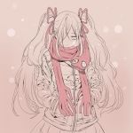  1girl coat hair_over_one_eye hair_ribbon hands_in_pockets long_hair looking_at_viewer miya9 monochrome original pink_background ribbon scarf simple_background skirt smile snowing solo twintails 