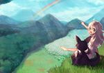  1girl :d ahoge bangs barefoot blue_eyes clouds dragon dress fang fantasy flower_bed grass hair_between_eyes hair_flaps haruka_(reborn) long_hair meadow nature open_mouth original outstretched_leg pointing pointing_forward pointing_up rainbow scenery silver_hair sitting sky sleeveless sleeveless_dress smile tareme white_dress 