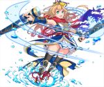  1girl bare_shoulders black_legwear blonde_hair blue_eyes blush dual_wielding fran_(shironeko_project) hogi open_mouth scarf shironeko_project sword water weapon 