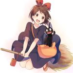  1girl :d animal bag black_dress black_fur blush bottle bow broom broom_riding brown_eyes brown_hair canister cat dress fangs full_body hair_bow hairband handbag highres jiji_(majo_no_takkyuubin) kiki looking_to_the_side majo_no_takkyuubin nononon open_mouth over_shoulder pointy_ears pumps red_bow round_teeth short_sleeves smile teeth whiskers 