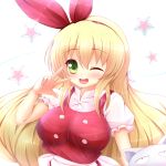  1girl blonde_hair breasts cat dress ellen green_eyes hair_ribbon kane-neko large_breasts long_hair looking_at_viewer one_eye_closed open_mouth puffy_short_sleeves puffy_sleeves red_dress ribbon shirt short_sleeves smile sokrates_(touhou) solo star touhou touhou_(pc-98) upper_body very_long_hair 