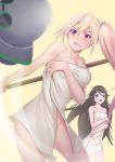  2girls :o alternate_costume bangs black_hair blonde_hair blue_eyes blurry blush breasts cleavage clenched_teeth collarbone covering covering_breasts depth_of_field floating_object gradient_hair groin hair_between_eyes hair_ornament hair_ribbon highres holding izumi_reina kawakami_mai klon large_breasts long_hair looking_away mole mole_under_eye motion_lines multicolored_hair multiple_girls musaigen_no_phantom_world naked_towel ribbon side_ponytail simple_background swinging towel very_long_hair violet_eyes visible_air yellow_background 