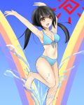  1girl armpits bikini black_hair blue_bikini breasts brown_eyes cleavage front-tie_bikini front-tie_top highres long_hair navel open_mouth original solo sonyntendo swimsuit twintails 
