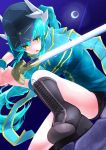  1girl akana_makoto aqua_hair baseball_cap excalibur fate/grand_order fate_(series) hat heroine_x heroine_x_(cosplay) highres horns jacket kiyohime_(fate/grand_order) long_hair moon ponytail rojiura_satsuki_:_chapter_heroine_sanctuary scarf solo sword track_jacket weapon yellow_eyes 