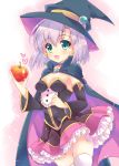  1girl :d alice_wishheart apple black_hat cape cowboy_shot detached_sleeves earrings food frilled_skirt frills fruit green_eyes hat hinata_momo holding holding_fruit jewelry lavender_hair looking_at_viewer magical_halloween open_mouth pink_skirt short_hair skirt smile solo standing thigh-highs white_legwear witch_hat 