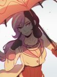  1girl black_gloves black_hair breasts brown_eyes cleavage clockwork-cadaver gloves jewelry long_hair looking_at_viewer multicolored_hair necklace neo_(rwby) pink_eyes pink_hair rwby smile solo two-tone_hair umbrella 