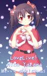  1girl black_hair blush character_name copyright_name heart heart_hands highres looking_at_viewer love_live!_school_idol_project merry_christmas negishio red_eyes santa_costume smile snowing solo twintails yazawa_nico 