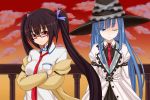  black_hair blue_eyes blue_hair blush breasts glasses hair_ornament hat jacket long_hair mages. mole mole_under_eye necktie neptune_(series) noire one_eye_closed red_eyes smile sunset torone_(emerada121) twintails 