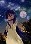  1girl alternate_skin_color azumawari_(azumofu) bangs blue_hair blush breath commentary_request constellation dark_skin dress full_moon hair_between_eyes hands_together long_hair looking_at_viewer moon nature night night_sky outdoors planet red_eyes scenery sky smile solo space star star_(sky) starry_sky tagme the_ring upper_body very_long_hair yamamura_sadako 