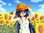  1girl adjusting_clothes adjusting_hat azumawari_(azumofu) bangs blue_hair blue_sky blush child clouds collarbone commentary_request dress field flower flower_field hair_between_eyes hair_over_eyes hand_on_headwear hat long_hair looking_at_viewer nature open_mouth outdoors petals plant red_eyes sky solo standing straw_hat sun_hat sunflower the_ring upper_body very_long_hair yamamura_sadako 