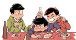  3boys :&lt; black_hair bottle brothers closed_eyes cup drinking_glass eating heart heart_in_mouth hood hoodie male_focus matsuno_choromatsu matsuno_karamatsu matsuno_osomatsu multiple_boys oden osomatsu-kun osomatsu-san sake_bottle siblings simple_background sitting smile takktagu white_background 