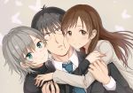  1boy 2girls anastasia_(idolmaster) blue_eyes blush brown_eyes brown_hair cheek-to-cheek formal group_hug hug idolmaster idolmaster_cinderella_girls long_hair long_sleeves looking_at_viewer multiple_girls necktie nitta_minami producer_(idolmaster_cinderella_girls_anime) short_hair silver_hair smile suit sumi_(tkzk525) sweater 