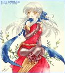  1girl artist_request bare_shoulders black_gloves black_legwear blue_scarf boots bracelet copyright_name dress elbow_gloves fingerless_gloves fire_emblem fire_emblem:_akatsuki_no_megami gloves hair_ribbon half_updo jewelry long_hair micaiah pantyhose ribbon scarf side_slit silver_hair sleeveless sleeveless_dress smile solo yellow_eyes 