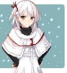  1girl blush brown_eyes capelet christmas dress fur_trim hair_ornament hands_on_hips long_sleeves looking_at_viewer one_side_up original short_hair silver_hair smile snowing solo tsuedzu upper_body white_dress white_hair 