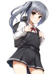  1girl backpack bag blush brown_eyes don_(29219) grey_hair hair_ribbon kantai_collection kasumi_(kantai_collection) long_hair looking_at_viewer open_mouth randoseru remodel_(kantai_collection) ribbon school_uniform side_ponytail simple_background solo white_background 