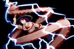  1girl arm_up black_background capelet drill electricity frills hat lightning long_sleeves nagae_iku nanachise7 open_mouth purple_hair red_eyes shawl short_hair simple_background smile solo touhou 