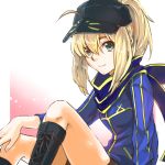  1girl ahoge artist_request baseball_cap blonde_hair blue_scarf boots fate/grand_order fate_(series) green_eyes hat heroine_x jacket long_hair looking_at_viewer ponytail scarf shorts sitting smile solo track_jacket 