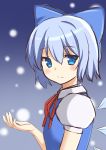  1girl absurdres blue_eyes blue_hair bow cirno hair_bow highres looking_at_viewer negishio short_hair snowing solo touhou 