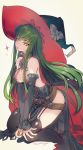  bare_shoulders c.c. cleavage_cutout code_geass creayus elbow_gloves gloves granblue_fantasy green_hair hat magisa_(granblue_fantasy) magisa_(granblue_fantasy)_(cosplay) witch_hat yellow_eyes 