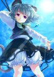  1girl :3 animal_ears bloomers blue_sky clouds dowsing_rod grey_hair iris_anemone jewelry long_sleeves looking_up mouse_ears mouse_tail nazrin necklace outstretched_arm red_eyes shirt short_hair skirt skirt_set sky smile solo sun sunlight tail touhou underwear upskirt vest 