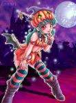  1girl green_hair halloween kagari_rui moon photoshop pumpkin pumpkin_costume smile solo thigh-highs 
