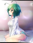  1girl antennae bangs between_legs biburu blue_panties collared_shirt dripping from_side green_eyes green_hair hand_between_legs highres letterboxed long_sleeves no_pants on_bed open_mouth panties profile shirt short_hair sitting socks solo touhou underwear wariza wet wet_clothes wet_hair white_legwear white_shirt wriggle_nightbug 