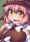  1girl animal_ears blush breasts brown_dress brown_eyes bustier dress face fun_bo large_breasts looking_at_viewer mystia_lorelei open_mouth pink_hair solo touhou upper_body 