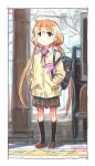  1girl bag blonde_hair brown_eyes cardigan fugo futaba_anzu hands_in_pockets idolmaster idolmaster_cinderella_girls kneehighs loafers long_hair low_twintails pleated_skirt school_bag school_uniform shoes sketch skirt solo standing train_station twintails very_long_hair 