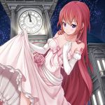  1girl alternate_costume bangs bare_shoulders blue_eyes blush bow cinderella clock clock_tower closed_mouth collarbone dress dutch_angle earrings eyebrows eyebrows_visible_through_hair flower gloves hand_on_own_chest highres jewelry long_dress long_hair megurine_luka miu_(angelo_whitechoc) night night_sky number pink_bow pink_dress pink_hair pink_ribbon pink_rose ribbon roman_numerals rose skirt_hold sky smile solo star star_(sky) star_earrings starry_sky strapless_dress tattoo towel tower upskirt very_long_hair vocaloid white_gloves 